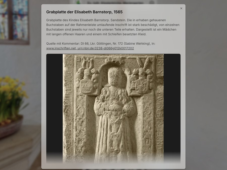Beispiel für einen Infopunkt: Text und Foto zur Grabplatte der Elisabeth Barnstorp von 1565 in der Klosterkirche Mariengarten